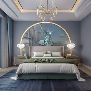 (+18) , NSFW,

(masterpiece),(high quality), 
best quality, real,(realistic), 
super detailed, 
(full detail),(4k),
8k,bedroom, 
Statue of liberty theme,
Circular bed ,
Arches,
scenery, 
Big window over looking The statue of liberty in New York City,
Modern style  ,