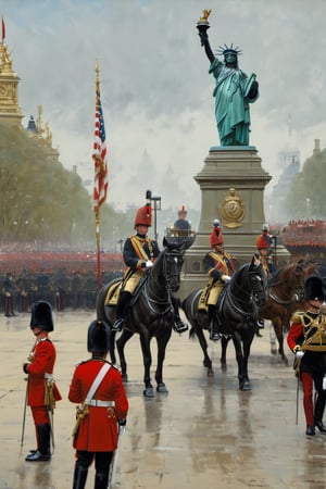 buckingham palace guards ,
In a parade,
Nearby,
(((The statue of liberty))) ,
Royal forces ,
Horses,
,
more detail XL,booth,more detail XL,,no humans,food ,painting by jakub rozalski