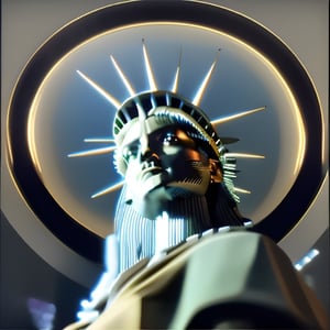 (+18) , NSFW,
A sexy lady liberty is laying down,
(masterpiece),(high quality), 
best quality, real,(realistic), 
super detailed, 
(full detail),(4k),
8k,bedroom, 
Statue of liberty theme,
Circular bed ,
Arches,
scenery, 
Big window over looking The statue of liberty in New York City,
Modern style  ,