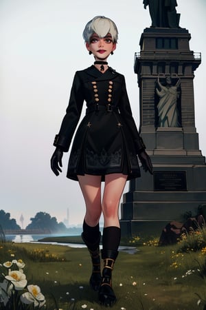 Yorha white hair,
short hair,
black choker,
Almond eyes,
lips,mole under mouth,  
standing, 
The statue of Liberty,
full body shot , 
smile, 
Ygear, black gloves,
long sleeves ,black footwear, 
black skirt , black socks,
black jacket,buttons,
fog,  grass, 
(insanely detailed, beautiful detailed face, masterpiece, best quality)    