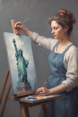 minimalist closeup portrait of an artist at work painting on her canvas easel of (The statue of Liberty Lady) ,
magical worlds ,
glowing magical energies ,
double exposure ,
bright background ,
high key lighting,
oil painting