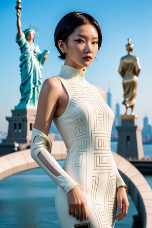 cinematic photo chinese girl, 
(a portrait of a woman:1.2),
 ((Fendi logo-printed knit dress:0.9524):1.4),
 (low contract:1.1), 
realism, professional photo, studio shot, modern fashion,
 (statue of liberty in background:1.3), 
detailed, (neo-futurism:1.18), 
( futurism:0.8) . 35mm photograph, film, bokeh, professional, 4k, highly detailed,more detail XL,Extremely Realistic