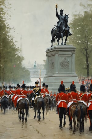 buckingham palace guards ,
In a parade,
Nearby,
(((The statue of liberty))) ,
Royal forces ,
Horses,
,
more detail XL,booth,more detail XL,,no humans,food ,painting by jakub rozalski