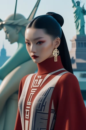 cinematic photo chinese girl, 
(a portrait of a woman:1.2),
 ((Fendi logo-printed knit dress:0.9524):1.4),
 (low contract:1.1), 
realism, professional photo, studio shot, modern fashion,
 (statue of liberty in background:1.3), 
detailed, (neo-futurism:1.18), 
( futurism:0.8) . 35mm photograph, film, bokeh, professional, 4k, highly detailed