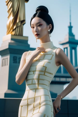 cinematic photo chinese girl, 
(a portrait of a woman:1.2),
 ((Fendi logo-printed knit dress:0.9524):1.4),
 (low contract:1.1), 
realism, professional photo, studio shot, modern fashion,
 (statue of liberty in background:1.3), 
detailed, (neo-futurism:1.18), 
( futurism:0.8) . 35mm photograph, film, bokeh, professional, 4k, highly detailed