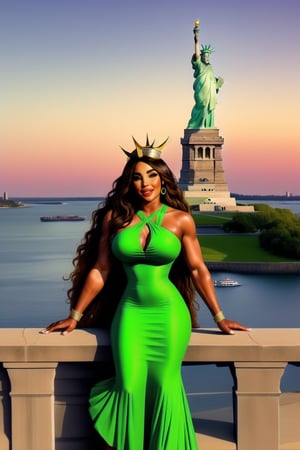 portrait of [Serena Williams| Carrie Underwood], heroin chic, 
,
((Liberty Head crown)) ,
Liberty green dress,
Black hair,
Full body shot,
,
Focus on the statue of liberty,
,
#KALAL ,
,