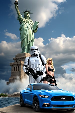 (+18) ,
A Sexy female stormtrooper with her (Ford mustang) near The statue of liberty ,

beautiful blue sky with imposing cumulonembus clouds, 
masterpiece, real_booster,,H effect,stormtrooper,more detail XL