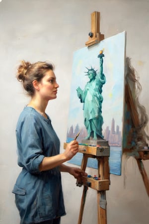 minimalist closeup portrait of an artist at work painting on her canvas easel of (The statue of Liberty) ,
magical worlds ,
glowing magical energies ,
double exposure ,
bright background ,
high key lighting,
The statue of Liberty in background,
,
oil painting