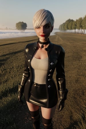 Yorha white hair,
short hair,
black choker,
Almond eyes,
lips,mole under mouth,  
standing, 
The statue of Liberty,
full body shot , 
smile, 
Thighs,
Cleavage,
Ygear, black gloves,
long sleeves ,black footwear, 
black skirt , black socks,
black jacket,buttons,
fog,  grass, 
(insanely detailed, beautiful detailed face, masterpiece, best quality)    ,photorealistic