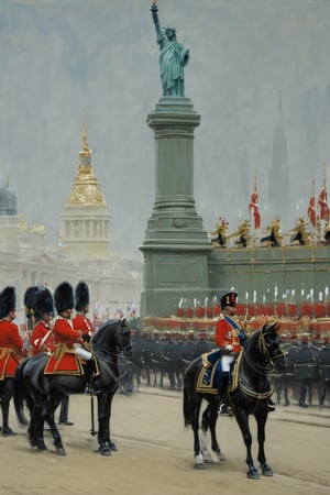 buckingham palace guards ,
In a parade,
Nearby,
(((The statue of liberty))) ,
Royal forces ,
Horses,
,
more detail XL,booth,more detail XL,,no humans,food ,painting by jakub rozalski