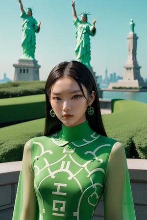 cinematic photo chinese girl, 
(a portrait of a woman:1.2),
 ((Fendi logo-printed knit dress:0.9524):1.4),
 (low contract:1.1), 
Green clover 🍀 ,
realism, professional photo, 
studio shot, modern fashion,
 (statue of liberty in background:1.3), 
detailed, (neo-futurism:1.18), 
( futurism:0.8) . 35mm photograph, film, bokeh, professional, 4k, highly detailed,more detail XL,Extremely Realistic