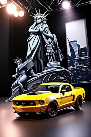 a yollow RC car, 
(Ford mustang) ,
The statue of Liberty in background, 
Studio lighting for a cinematic look, 
Dynamic and photo-realistic, 
Capturing the RC car in real-life detail.