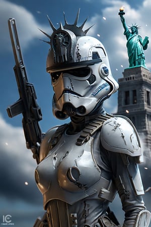 (+18) ,
A Sexy female stormtrooper with her (Ford mustang) near The statue of liberty ,
Cleavage,
beautiful blue sky with imposing cumulonembus clouds, 
Focus on the statue of liberty,

masterpiece, real_booster,,H effect,stormtrooper,more detail XL,booth,food focus