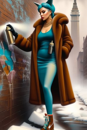 (+18) , NSFW ,
Sexy gothic Lady liberty in a fur coat electricboogaloostyle,, 
Brittany spears face ,
solo , sexy, gloves, long sleeves, holding, jewelry, standing, 
full body, shoes, black gloves, socks,, hood, necklace, coat, chain, sneakers, hood up, wall, brown coat, hooded coat, 
graffiti of The statue of liberty ,, 
spray can, in the style of esao andrews