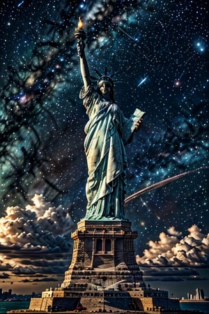 (best quality, 4k, 8k, highres, masterpiece:1.2), ultra-detailed, (realistic, photorealistic, photo-realistic:1.37), 
solo,gloves,standing,helmet,star (sky),
1other,rock,space,
planet,spacesuit,
space helmet,
The statue of Liberty in background ,
astronaut