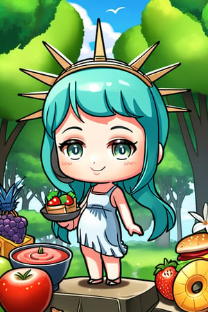 masterpiece, best quality, 
The statue of Liberty,
1girl, flowers, forest, ,chibi,more detail XL,food 