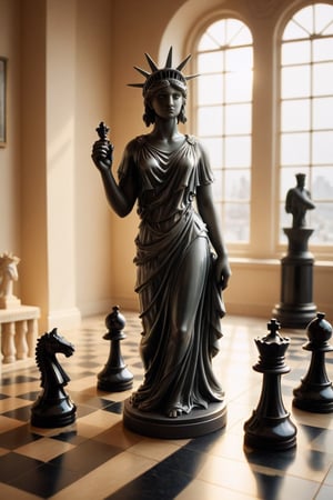 Realism, digital photo, 
Chess made of The statue of liberty,
Lady liberty Chess piece,
Wide angle lens,
Full body shot,
at Townhouse, 
dramatic light, 
bokeh, 
Mosaic-Like,cinematic_warm_color, add_more_creative,Obsidian_Diamond,ral-pnrse