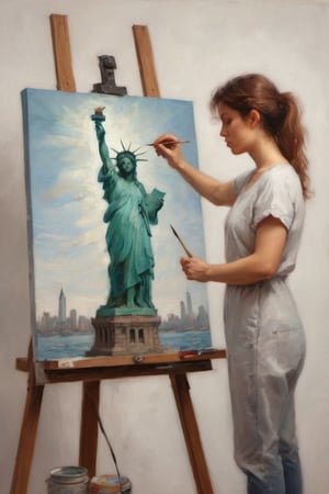 minimalist closeup portrait of an artist at work painting on her canvas easel of (The statue of Liberty Lady) ,
magical worlds ,
glowing magical energies ,
double exposure ,
bright background ,
high key lighting,
oil painting