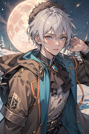 (grey eyes, short hair), alphonse mucha, masterpiece, best quality, ultra detailed, highly detailed, perfect face, 1 man, short hair, white hair, yellow eyes (perfect male body), wearing a brown winter jacket, wearing an ushanka, dark colors, night, in the snow, moon stars in the sky,