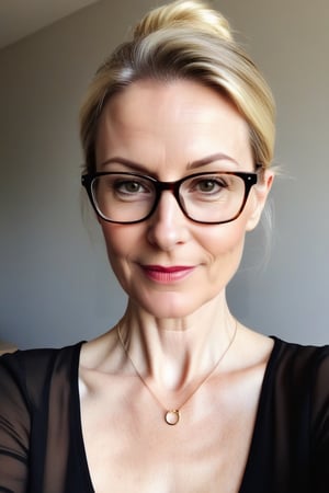 Create a selfie made with an old iphone of a (((55-year-old European female teacher))) with pale skin, inperfect skin, small_breasts, tiny breasts; and a sleek slim silhouette. She has blonde hair with a bun, long oval face with warm and friendly look, small thin lips, light makeup, wearing ((glasses)), (((tight sheer shirt with deep neckline, a thin pendant necklace))), blurry realisitic indoor background.