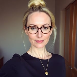 Create a selfie of a (((48-year-old European female teacher))) with pale skin, perfect shape body, small_breast, pendant_breasts and a sleek silhouette, inperfect skin. She has blonde hair with a messy bun, long oval face with warm and friendly look, small thin lips, light makeup, wearing ((glasses))