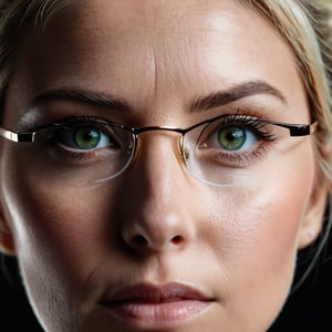 The left half of a 50-year-old woman's face with blonde hair and a messy bun, wearing glasses, is captured on a (extreme close-up:1.5) film photograph. It is pitch black and the light from the upper-left side falls on the half side of her face. The light isn't too bright, but It's just enough to barely reveal her magnificient cosmic green eyes and the immediate areas around it in a very sharp, high detail, casting a striking effect on her retinas, making it shines and looked so gorgeous and identical to a woman's. The photograph should showcase (only the half side of her face, focusing mainly on her eye:1.3). Shot on a kodak, (half face), (front view:1.5), (facing viewer:1.5), (vignette:1.2), shallow depth of field, masterpiece, best quality, ultra hires, 4k, HDR,  sharp focus, vibrant colors, cinematic lighting, cinematic photography, hyper realistic, ultra detailed, detailed eyes, perfect eyes.,photorealistic