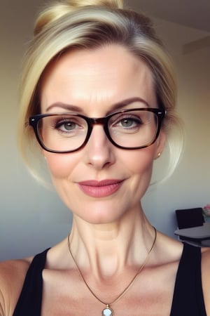 Create a selfie made with an old iphone of a (((55-year-old European female teacher))) with pale skin, perfect shape body, small_breast, pendant_breasts and a sleek silhouette, inperfect skin. She has blonde hair with a messy bun, long oval face with warm and friendly look, small thin lips, light makeup, wearing ((glasses))