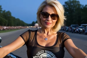"Style:: Generate a selfie made by a mature woman, depicting a ((motorcycle festival at night)) Harley Davidson Rider, Classic Motorcycles, dusk, low light, "
Create a (((selfie))) made by a (((55-year-old European female teacher))) with pale skin, inperfect skin, small_breasts, tiny breasts; and a sleek slim silhouette. She has blonde hair with a short haircut, long oval face with warm and friendly look, small thin lips, light makeup, wearing ((glasses)), (((tight sheer band shirt with deep neckline, necklace)))