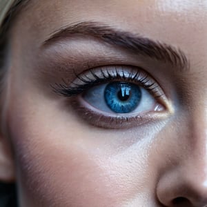 The left half of a 45-year-old woman's face with blonde hair and a messy bun is captured on a (extreme close-up:1.5) film photograph. It is pitch black and the light from the upper-left side falls on the half side of her face. The light isn't too bright, but It's just enough to barely reveal her magnificient cosmic blue eyes and the immediate areas around it in a very sharp, high detail, casting a striking effect on her retinas, making it shines and looked so gorgeous and identical to a woman's. The photograph should showcase (only the half side of her face, focusing mainly on her eye:1.3). Shot on a kodak, (half face), (front view:1.5), (facing viewer:1.5), (vignette:1.2), shallow depth of field, masterpiece, best quality, ultra hires, 4k, HDR,  sharp focus, vibrant colors, cinematic lighting, cinematic photography, hyper realistic, ultra detailed, detailed eyes, perfect eyes.,photorealistic