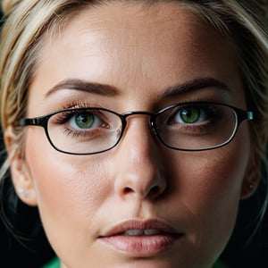 The left half of a 50-year-old woman's face with blonde hair and a messy bun, wearing glasses, is captured on a (extreme close-up:1.5) film photograph. It is pitch black and the light from the upper-left side falls on the half side of her face. The light isn't too bright, but It's just enough to barely reveal her magnificient cosmic green eyes and the immediate areas around it in a very sharp, high detail, casting a striking effect on her retinas, making it shines and looked so gorgeous and identical to a woman's. The photograph should showcase (only the half side of her face, focusing mainly on her eye:1.3). Shot on a kodak, (half face), (front view:1.5), (facing viewer:1.5), (vignette:1.2), shallow depth of field, masterpiece, best quality, ultra hires, 4k, HDR,  sharp focus, vibrant colors, cinematic lighting, cinematic photography, hyper realistic, ultra detailed, detailed eyes, perfect eyes.,photorealistic