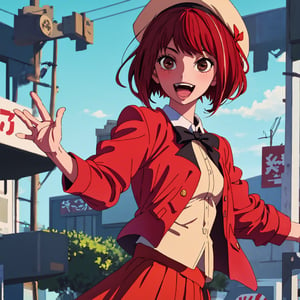 (best quality, masterpiece), 1girl, solo, looking at viewer, smile, short hair, open mouth, skirt, hat, bow, brown eyes, red hair, dated, beret, waving