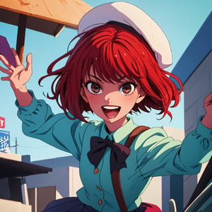 (best quality, masterpiece), 1girl, solo, looking at viewer, smile, short hair, open mouth, skirt, hat, bow, brown eyes, red hair, dated, beret, waving