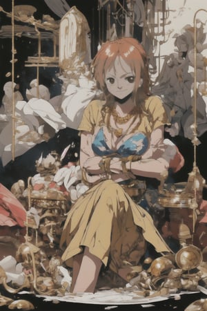 Nami sitting at pile gold, containing treasure chest jwellery ruby cash,Robin holding a golden necklace,midjourney