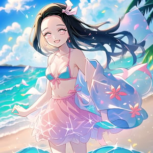 masterpiece,best quality,solo,Nezuko wearing pink bikni at tropical beach,shiny sky,blue water, sunny day,bright colours,smile on face,
