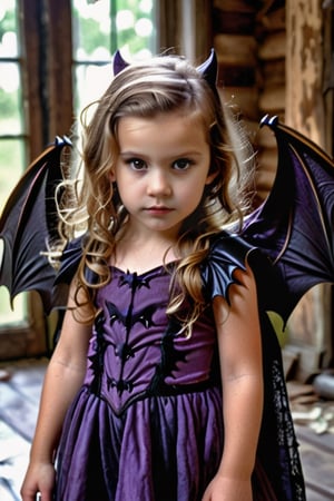 4 years old girl, (((long curly dark blonde hairs))), round and serious face, gothic dark purple and black draped dress, beautiful face, (((she has big demonic bat wings on her back :2))), (((dusty scary abandoned house interrior background:1))), spider webs, wood floor, realiscit textures, realistic and detailed hair, realistic skin, 