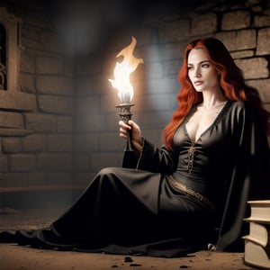 25 years old women, long red wavy hair, perfect body,  wears black tattered old Robe, she is a witch, holding ancient thick spell book, realistic pages and details, skin pores, goosebumps, a shiny dagger, sitting in a big circle and Pentagram, scary atmosphere, darkness, she is in a cave, torches on the wall, realistic texture, natural light, satanic, ghostly figures around her, Moss on the walls, blood stains, ancient scrolls on shelves, hyperrealism, realistic hair, 