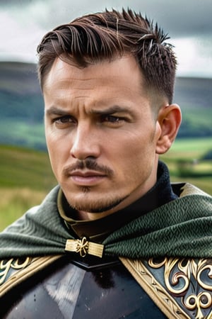 8k photography, Canon EOS R5 with 2.8 lens at f5/6, a man, 38 years old, (((extremely short military haircut:3))), brunette, wears cloak and elvish armor, medieval atmosphere, cinematic, lord of the rings, he has a bow on his back, (((hyper-realistic))) cloudy gloomy weather, plain grassland background, beautiful skin, detailed skin, normal body, normal anathomy, high resolution, dust on his clothes, looks serious, high definition image, detailed texture, detailed hair, well-drawn face, (((jaw lines)))
