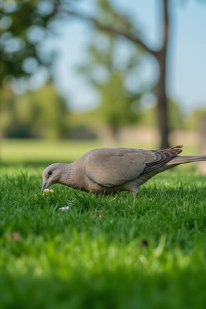 A serene park scene with a dove perched on lush green grass, pecking at food. The bird is centered in the frame, with soft natural light illuminating its delicate feathers. The background features tall trees and a clear blue sky. The composition is balanced, capturing the peaceful moment of the dove eating.