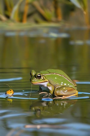 frog catching insects on a pond