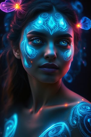 A woman with a face that glows with bioluminescent patterns, mystical and surreal