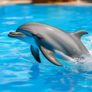 A high-resolution image of a realistic dolphin joyfully playing in a crystal-clear swimming pool, splashing water around with energetic movements. The dolphin's skin glistens under sunlight, showcasing detailed textures and natural reflections. The pool's clarity highlights the playful scene, capturing a sense of fun and energy.