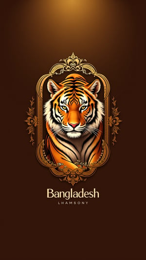 Capture the majesty of Bangladesh's logo: a regal tiger centered within an elegant golden frame, radiating strength and wildness. The tiger's sleek fur glistens in the warm light, as its piercing gaze commands attention. Boldly integrated below, the text 'Bangladesh' shines in a luxurious font, contrasting beautifully against the tiger's fiery coat. A symphony of gold, dark brown, and cream hues harmonize to evoke luxury, sophistication, and untamed power.