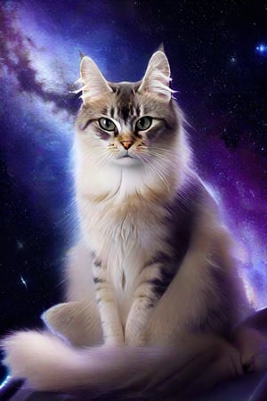 A cat in space, wear spaceship suites, space design, floating serenely with an expansive view of stars and galaxies in the background. The cat has extraordinary, large, and mesmerizing eyes that reflect the starlight, giving them a glowing effect. The scene is ethereal, with a mix of deep blues, purples, and bright white stars, emphasizing the vastness of space. The cat is gracefully posed, almost as if it's in awe, with a calm and contemplative expression. The image should have a dreamlike quality, with detailed fur texture and a focus on the beauty of the stars in its eyes. --v 5 --q 2 --ar 1:1