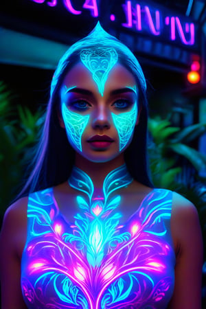 a mystical woman with a glowing face, adorned with bioluminescent patterns. The atmosphere is surreal and filled with wonder. "Ab Art Lab" text on chest