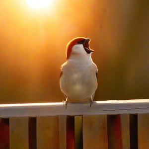 Sparrow singing on a fence with warm sunlight