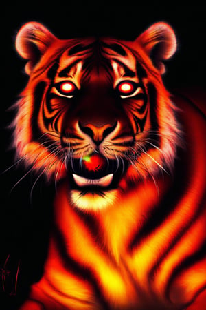 tiger,glowing, glowing eyes, fangs, looking at viewer, red eyes, solo, fire, whiskers, open mouth,night,embers