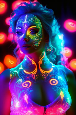 a mystical woman with a glowing face, adorned with bioluminescent patterns. The atmosphere is surreal and filled with wonder. "Ab Art Lab" text on chest