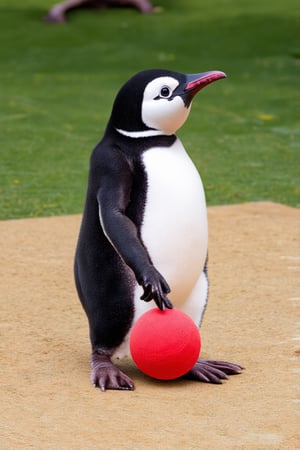 penguin 3-gou playing with a red tenis ball. 4k, ultra modern , potrait image
