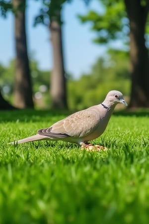 A serene park scene with a dove perched on lush green grass, pecking at food. The bird is centered in the frame, with soft natural light illuminating its delicate feathers. The background features tall trees and a clear blue sky. The composition is balanced, capturing the peaceful moment of the dove eating.