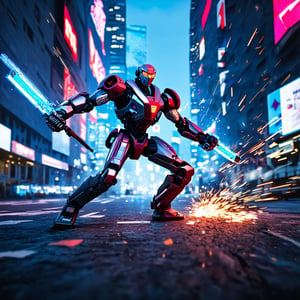 A dynamic action scene featuring a robot warrior in a fierce battle on the streets of a futuristic city. The robot is mid-combat, striking a powerful pose with glowing energy weapons, set against a backdrop of neon-lit skyscrapers and holographic advertisements. The lighting is dramatic, with sharp contrasts between the bright city lights and the shadows cast by the towering buildings. The composition captures the intensity of the fight, with debris and sparks flying around the metallic combatant.